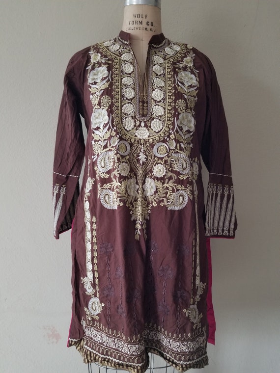 Vintage Sari Saree blouse dress brown with gold a… - image 2