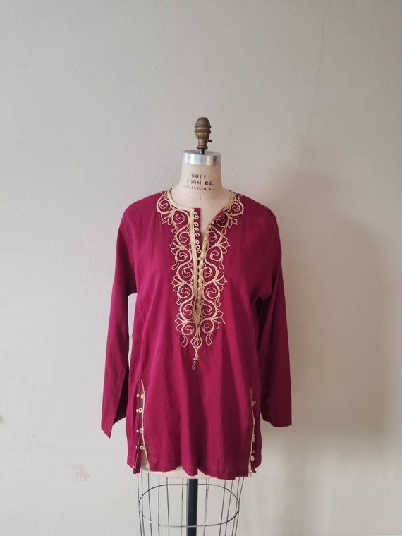 Boho amazing top, 60s, maroon cotton handmade eth… - image 1