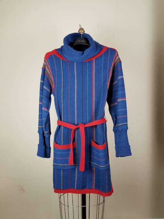 60s 70s Rainbow Cowl Neck Sweater Dress Small Blue