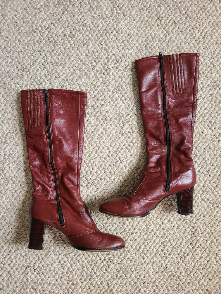 1970s Black Leather High Heel Boots /70s Knee High Boots, RareJule Vintage