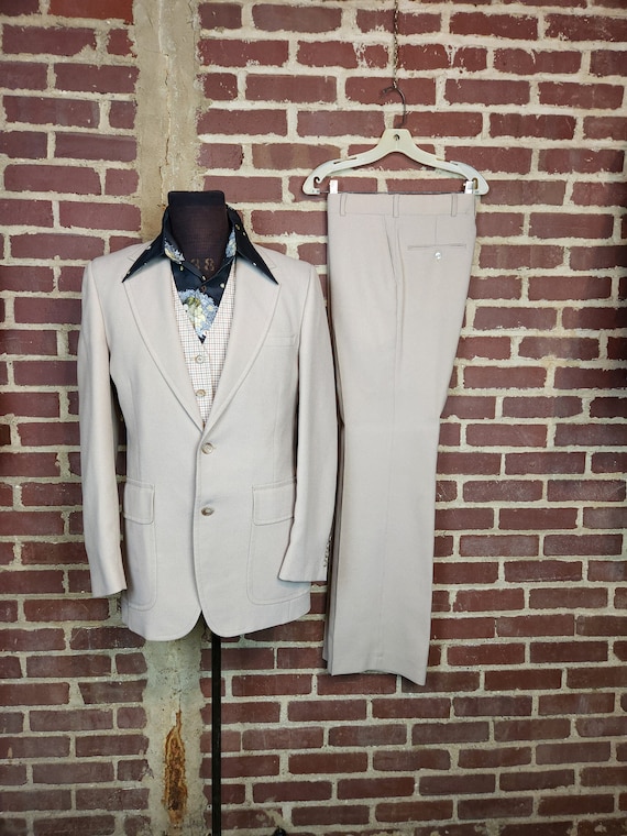 70s suit, mens 40L, beige suit, 3 piece suit, disc