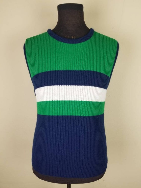 50s 60s vest, mens medium, blue green white, pull… - image 2