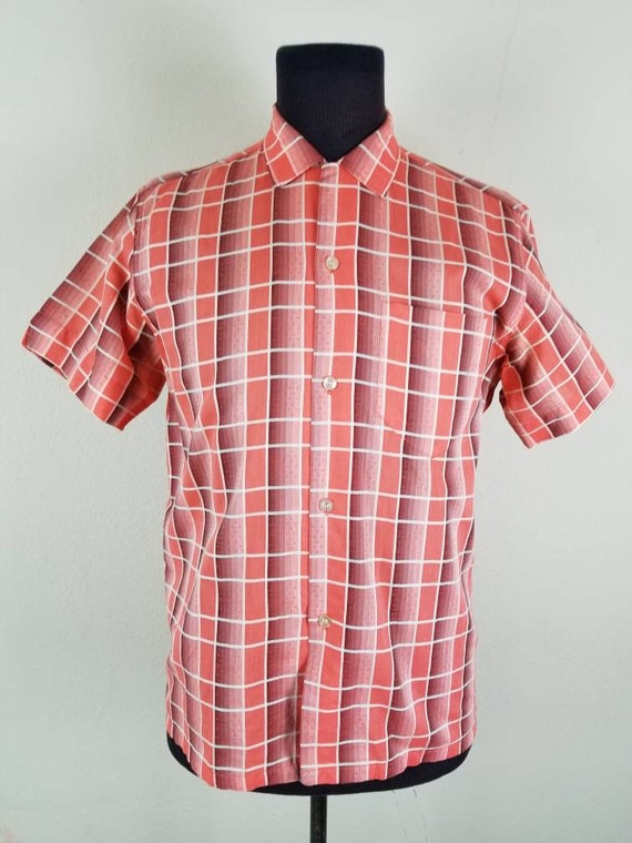40s 50s shirt, mens plaid, orange brown, medium c… - image 5