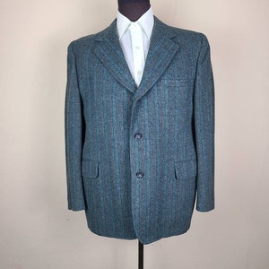 44 60s blazer, mens sportcoat, aqua blue, herringbone tweed, 3 button, wool