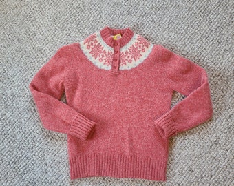 80s Woolrich sweater with collar yoke, wool pullover, 34 small, Fair Isle, pinks