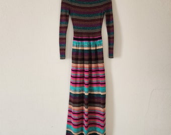 STUNNER! 70s maxi dress, knit rainbow, lurex metallic, wool acrylic lurex, knit stretch, size ladies 9