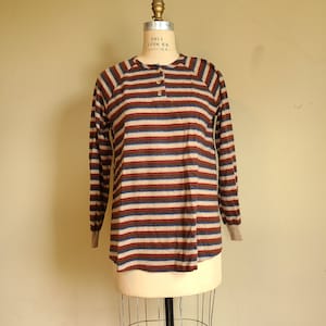 70s maternity top, Henley shirt, lightweight sweatshirt, vintage ladies maternity, pregnancy, pregnant, brown tan striped, Precious Cargo