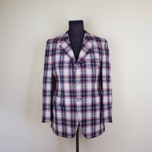 60s plaid sportcoat, mens blazer, grey blue red gold wool, 42R, vintage