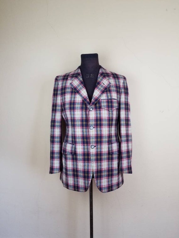 60s plaid sportcoat, mens blazer, grey blue red g… - image 1