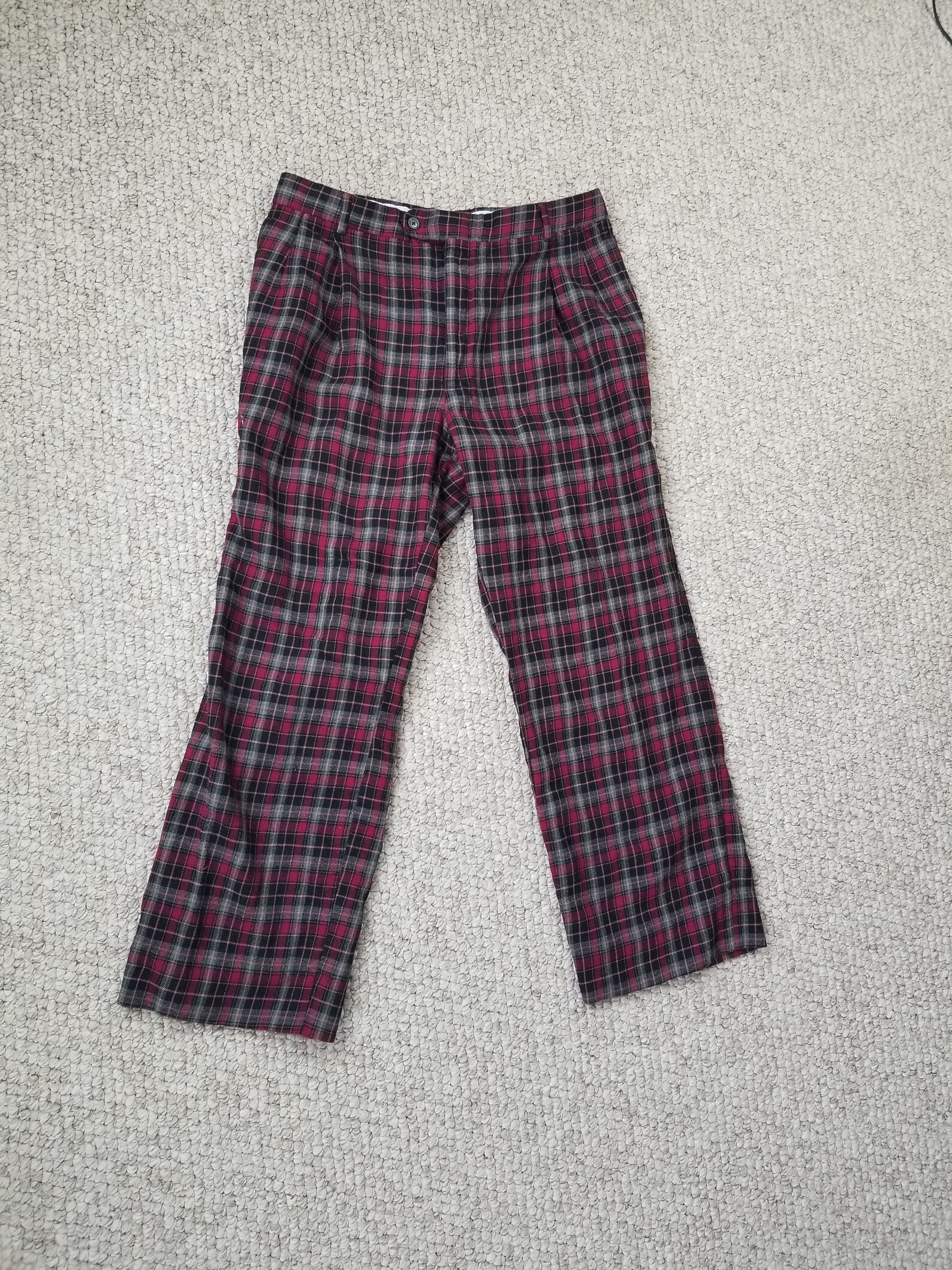 red and grey plaid pants