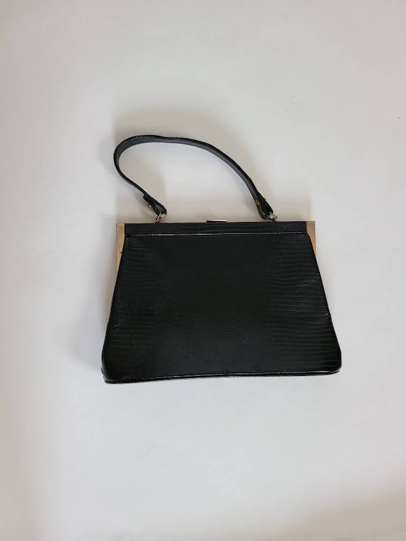 60s alligator handbag, black leather purse - image 1