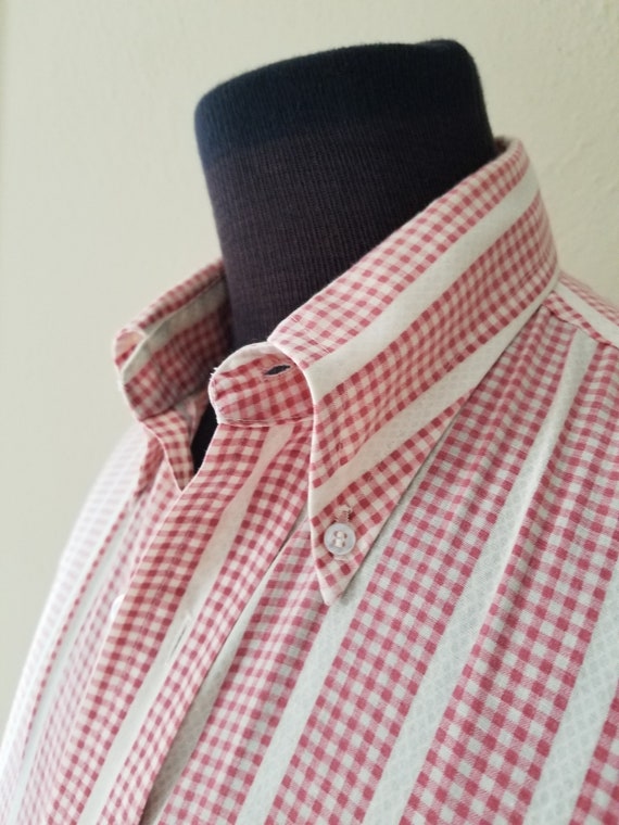 70s mens short sleeved shirt, pink check 15 - image 2