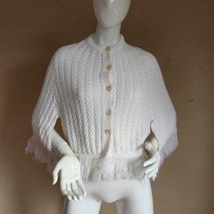 Shawl, creamy white, vintage boho wrap, beige, off white, crocheted shawl, OSFM, button up front, holes for hands