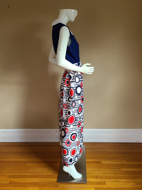 60s gown, floral dress, mod circles print, red wh… - image 3