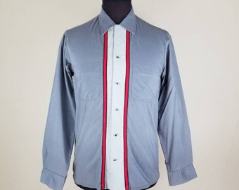 50s bowling shirt mens grey striped medium 16 x 33/34