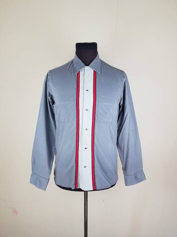 50s bowling shirt mens grey striped medium 16 x 3… - image 1