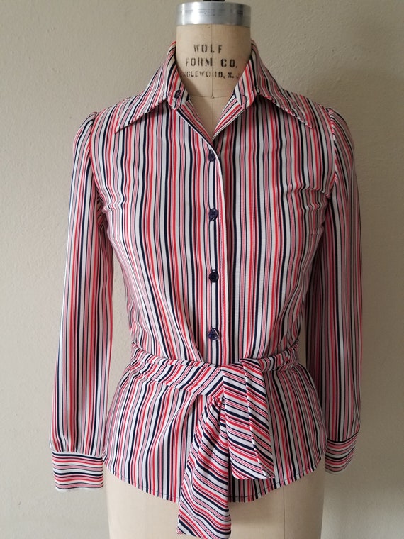 70s ladies blouse, pussy bow/belt white striped po