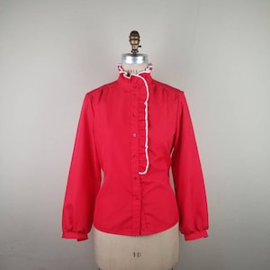 80s, size 16, bright red blouse, red with white trim, ruffled front, high collar