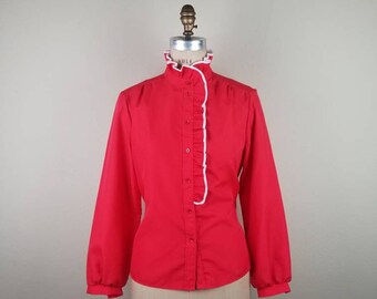 80s, size 16, bright red blouse, red with white trim, ruffled front, high collar