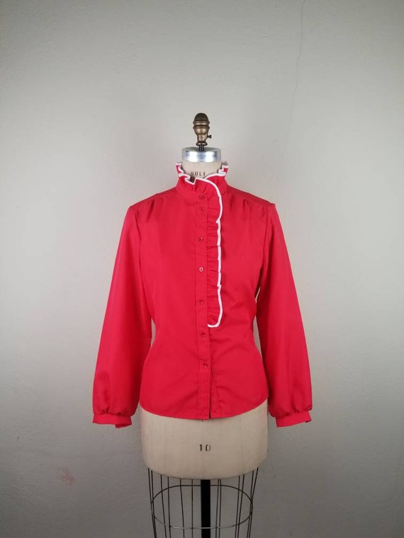 80s, size 16, bright red blouse, red with white t… - image 1