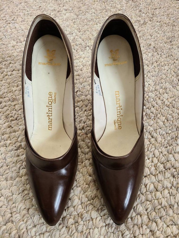 60s 70s stiletto heels, size 8, brown leather, be… - image 5