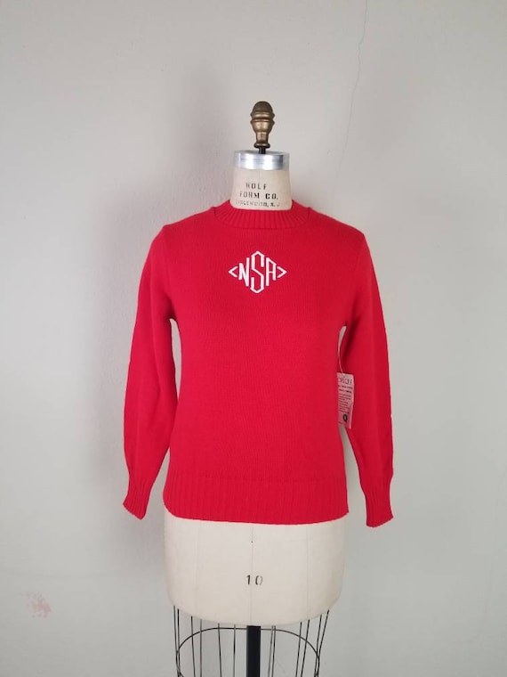 80s New Sweater, Red, Acrylic, Ladies, Monogrammed NAS NSA 80s New Sweater, Red, Acrylic, Ladies, Monogrammed NAS NSA
