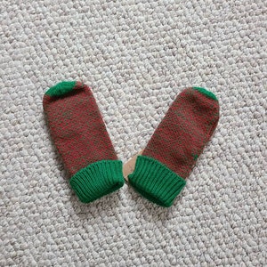 Vintage kids gloves,  50s 60s era, red and green wool, child size