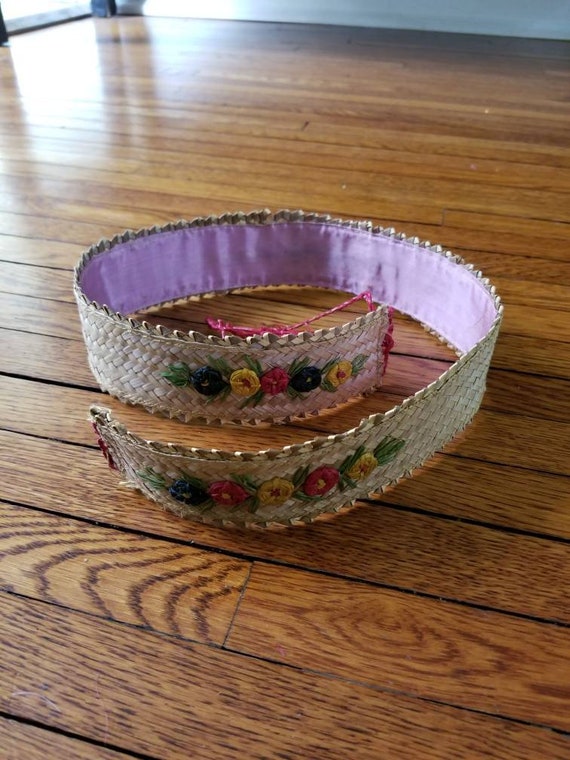 30s-40s belt, ladies straw woven belt, embroidered