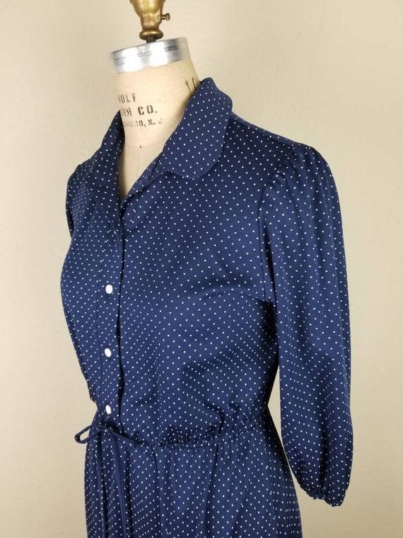 70s dress, ruffled hem, blue polka dots, polyeste… - image 3