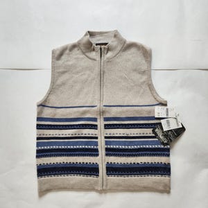 80s deadstock Woolrich vest, new with tags, ladies S small, tan zip up, sleeveless vest, cotton, stone heather, blue stripes