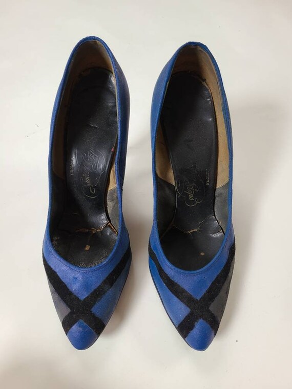 6 1/2 50s stilettos blue black, leather sole, met… - image 2