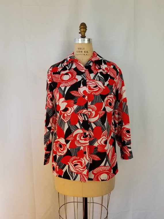 70s bright blouse, red white black 40 - image 2