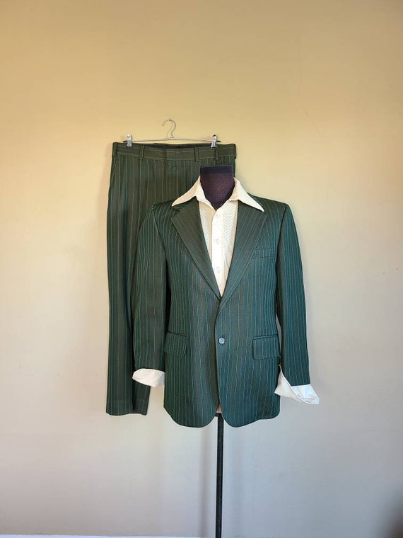 70s suit, mens 40R, green striped, bootleg pants - image 1