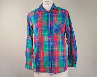 70s plaid blouse, ladies size 14, red blue green purple