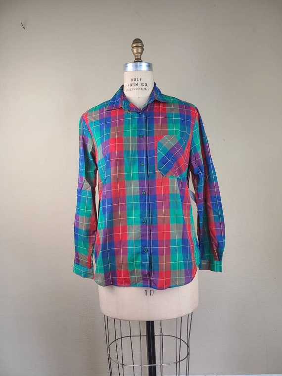 70s plaid blouse, ladies size 14, red blue green p