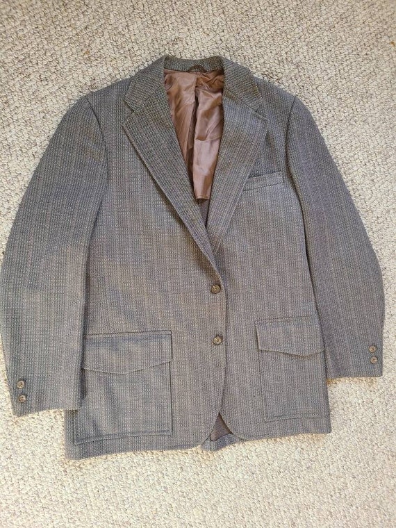 70s suit, mens, belted back, 2 piece, brown polye… - image 2