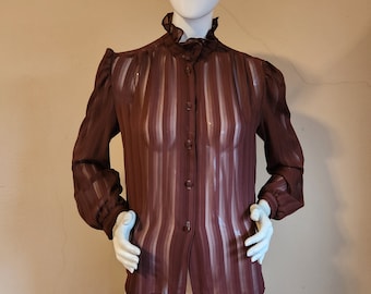Sheer blouse, brown striped blouse, ruffled victorian collar, 32, Touche, 70s 80s