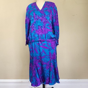 80s does 20s silk dress, drop waist with drawstring belt, aqua and purple, Lane&#39;s, size vintage 14