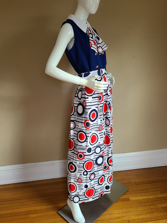 60s gown, floral dress, mod circles print, red wh… - image 2