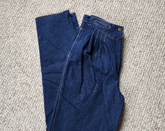 80s Jordache jeans, deadstock, high waisted, high rise, mom style, dark wash, new, 30x34, tall jeans, slim, raw hem