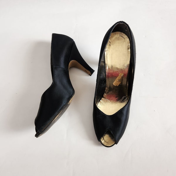80s peep toe pumps, 7 1/2, open toe heels, black satin, 3 1/4" heel