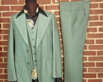 70s suit, mens 40R, seafoam green striped, 3 piece suit, disco suit