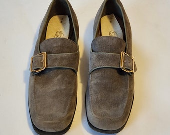 60s loafers, ladies 9, Hush Puppies, gray suede, slip ons, side buckle