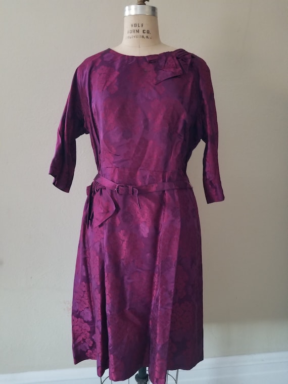 Gorgeous 50s-60s silk XL dress, magenta brocade