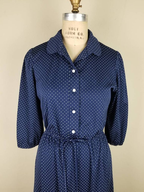 70s dress, ruffled hem, blue polka dots, polyeste… - image 4