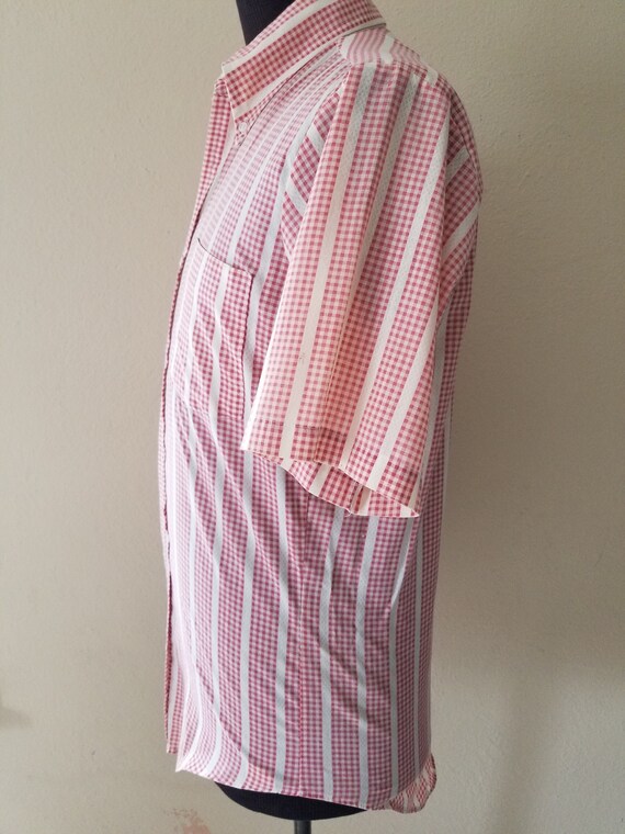 70s mens short sleeved shirt, pink check 15 - image 8