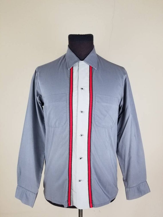 50s bowling shirt mens grey striped medium 16 x 3… - image 4