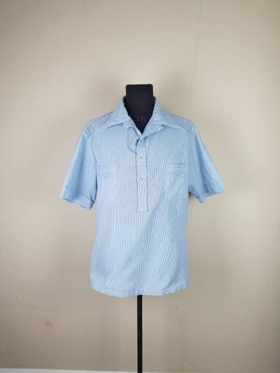 70s mens leisure suit, blue white pinstripe stripe