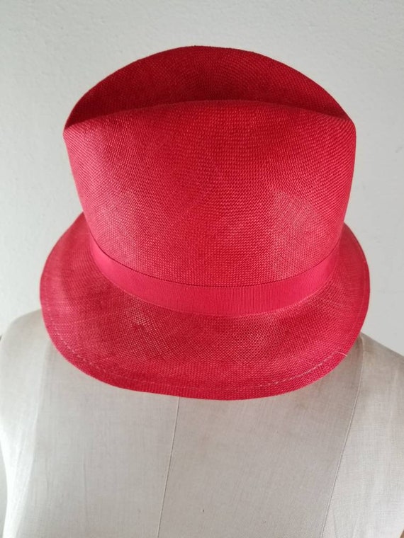 Red straw ladies fedora vintage - image 4