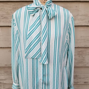 80s blouse, pussy bow, aqua and white stripe with dots, polyester top image 6